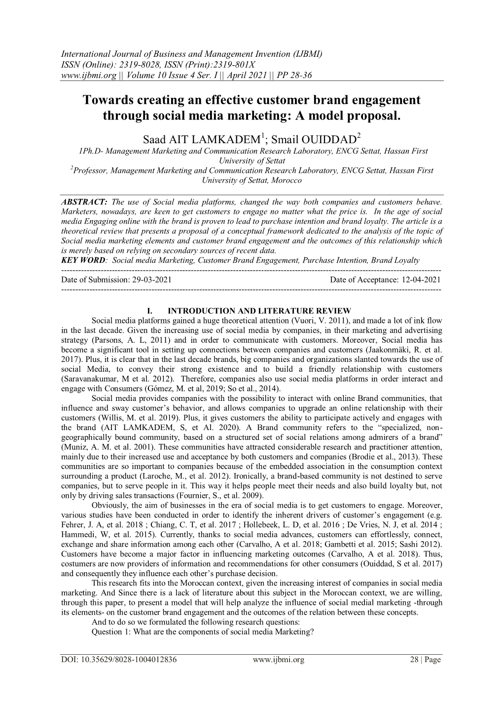 Towards Creating an Effective Customer Brand Engagement Through Social Media Marketing: a Model Proposal