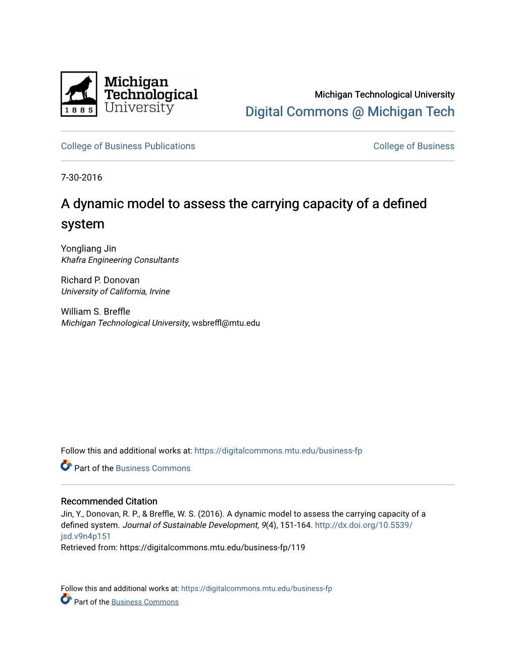 A Dynamic Model to Assess the Carrying Capacity of a Defined System