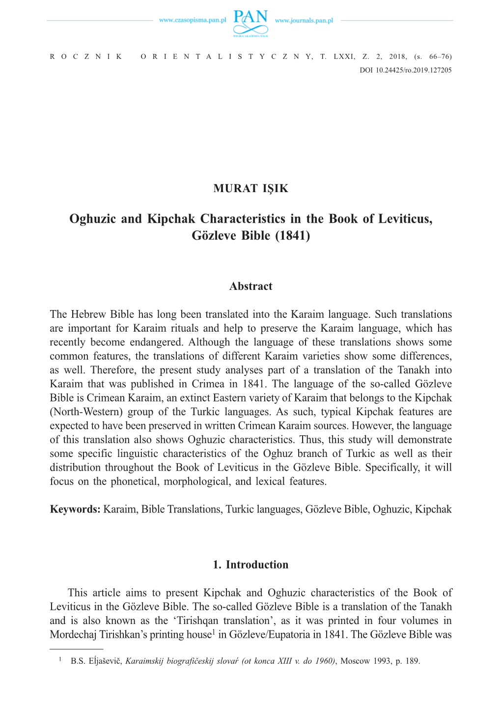 Oghuzic and Kipchak Characteristics in the Book of Leviticus, Gözleve Bible (1841)