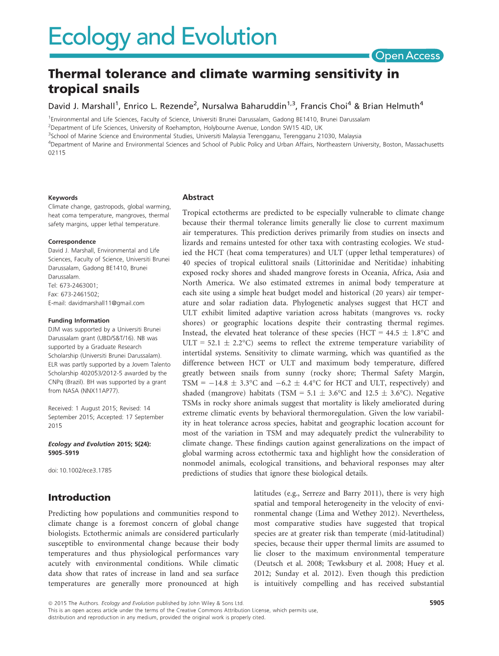 Thermal Tolerance and Climate Warming Sensitivity in Tropical Snails David J