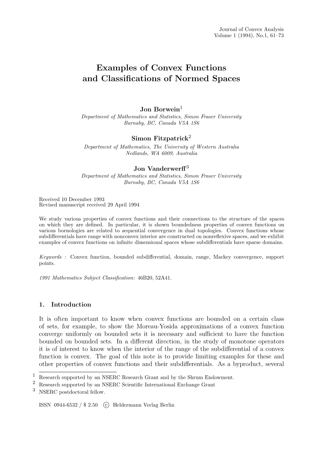 Examples of Convex Functions and Classifications of Normed Spaces