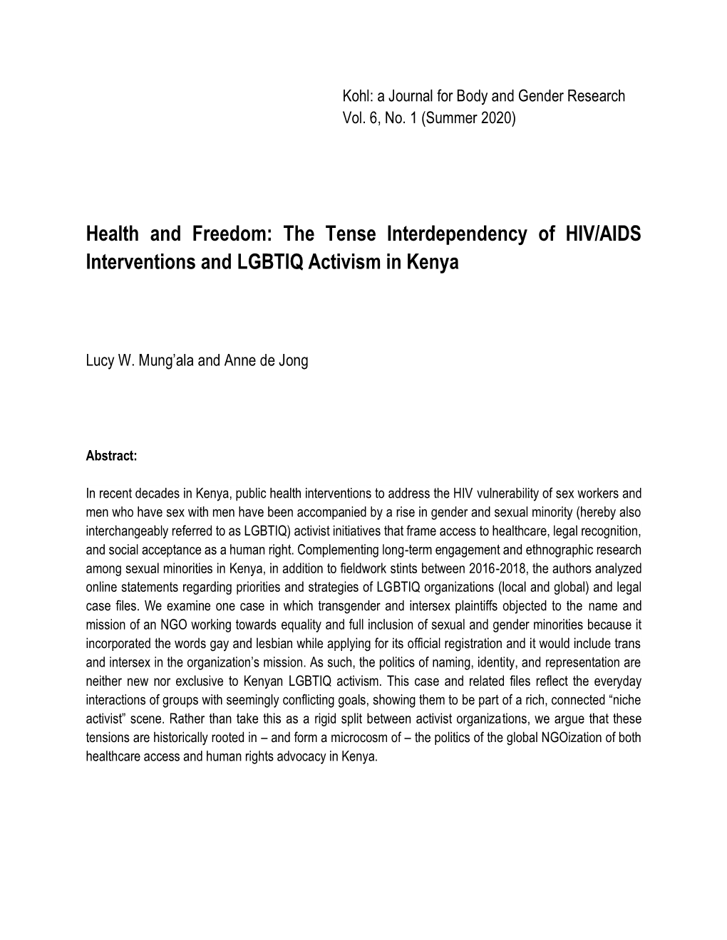 The Tense Interdependency of HIV/AIDS Interventions and LGBTIQ Activism in Kenya