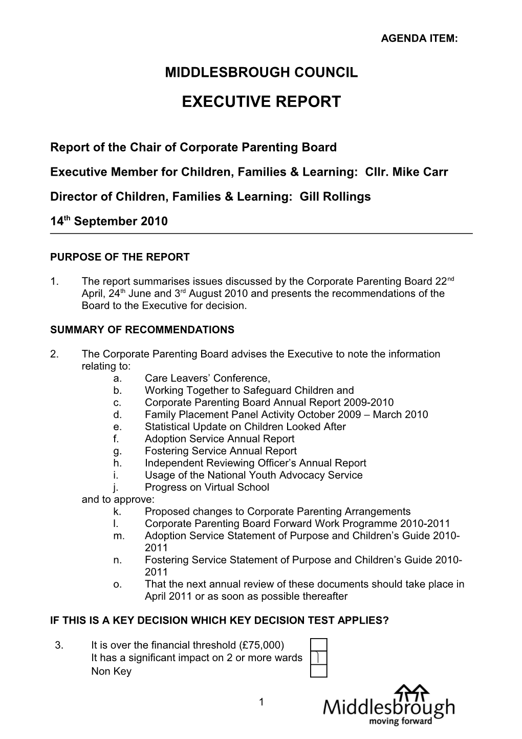 Report of the Chair of Corporate Parenting Board