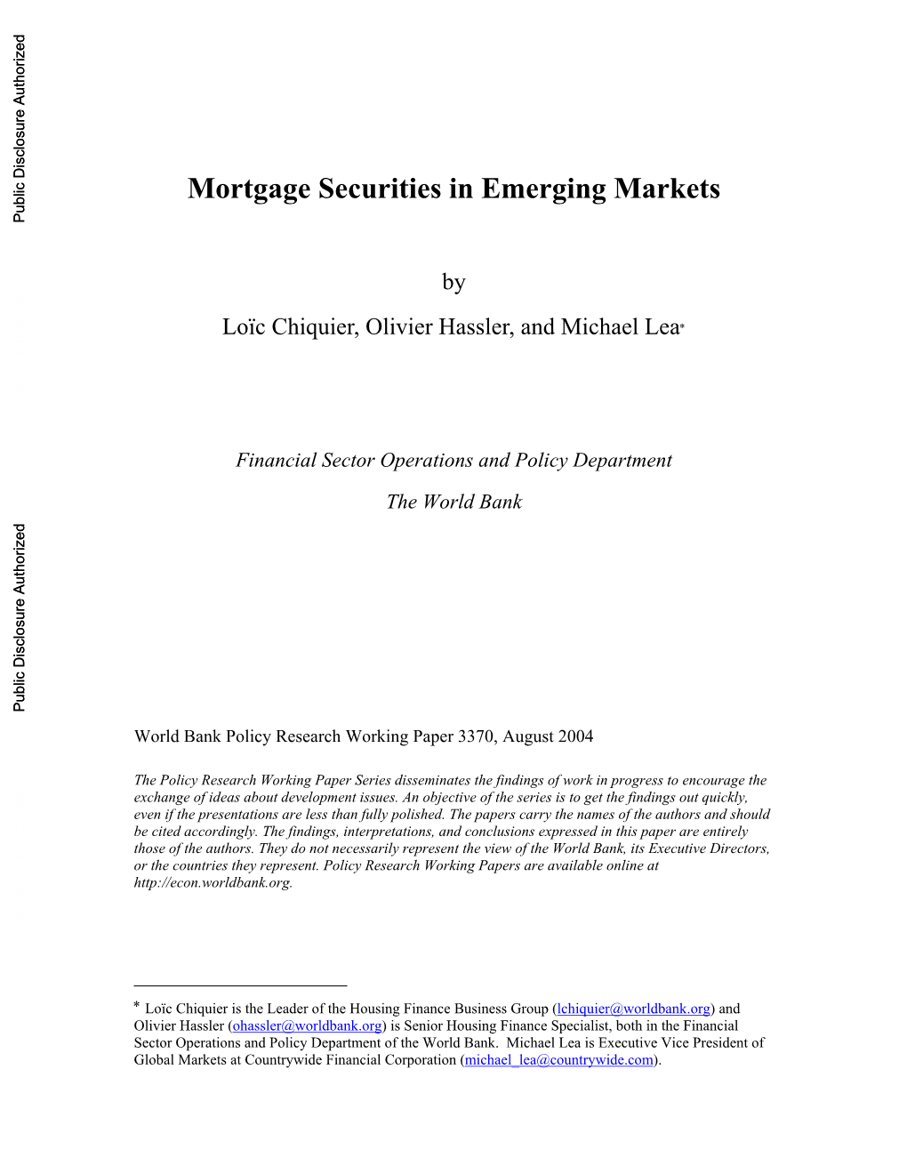 Mortgage Securities in Emerging Markets Public Disclosure Authorized