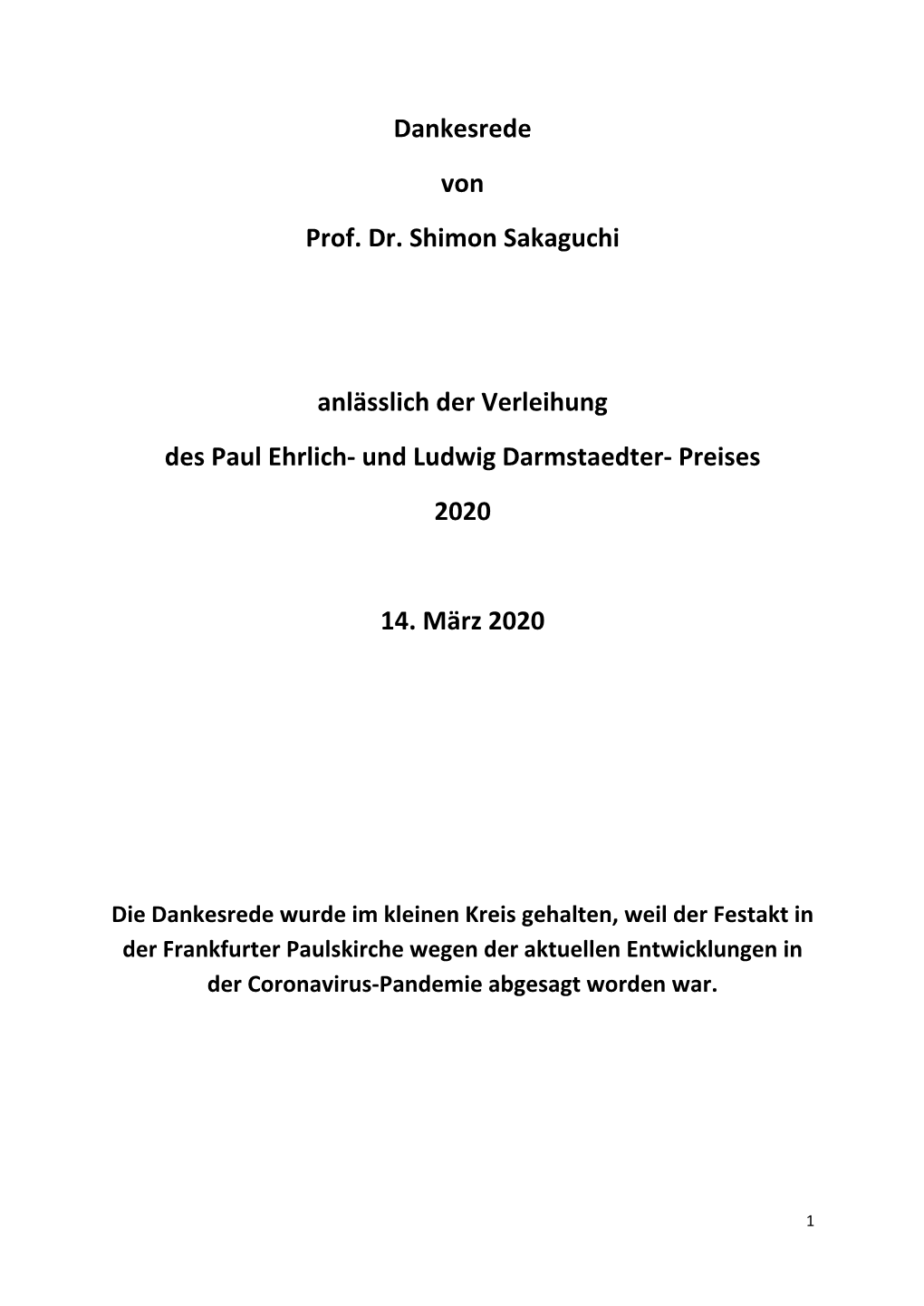 Dankesrede Von Prof. Dr. Shimon Sakaguchi Anlässlich Der