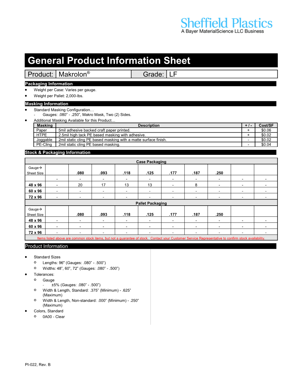 General Product Information Sheet