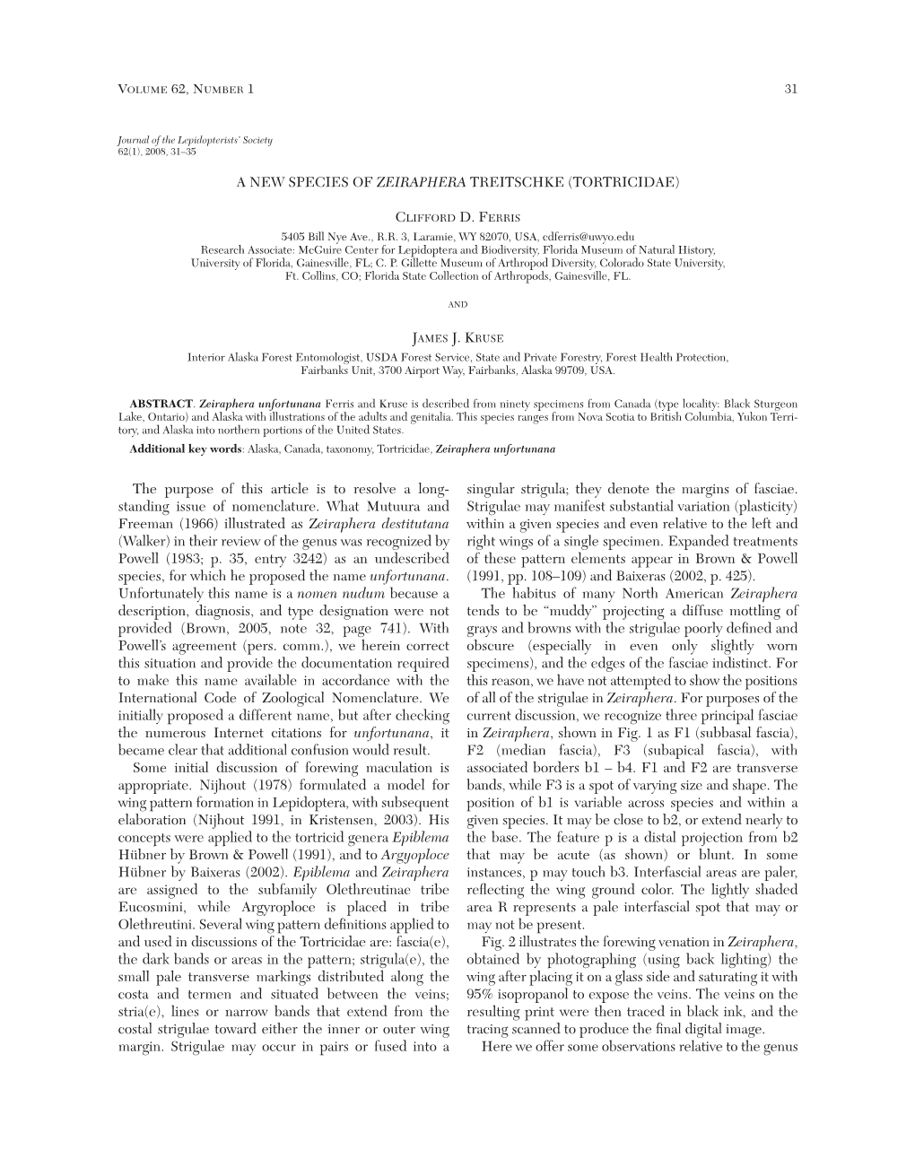 A New Species of Zeiraphera Treitschke (Tortricidae)