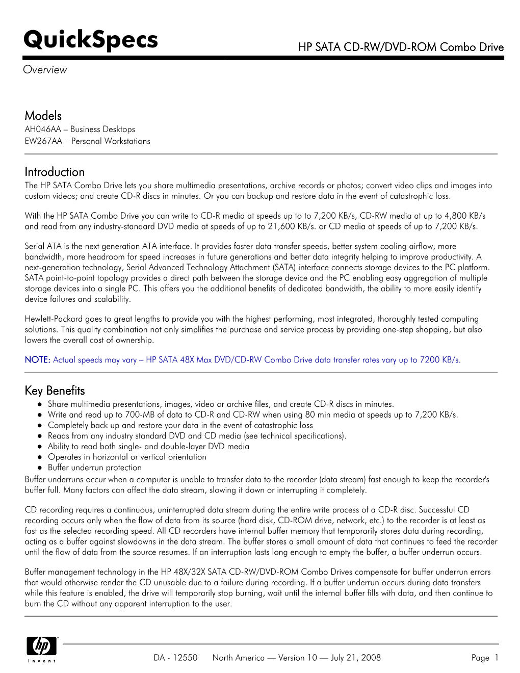 HP SATA CD-RW/DVD-ROM Combo Drive Overview