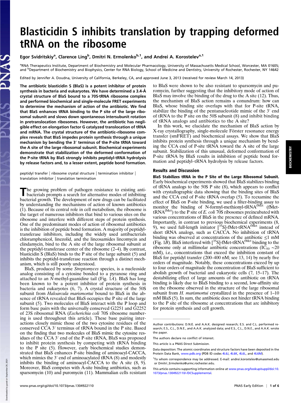 Blasticidin S Inhibits Translation by Trapping Deformed Trna on the Ribosome