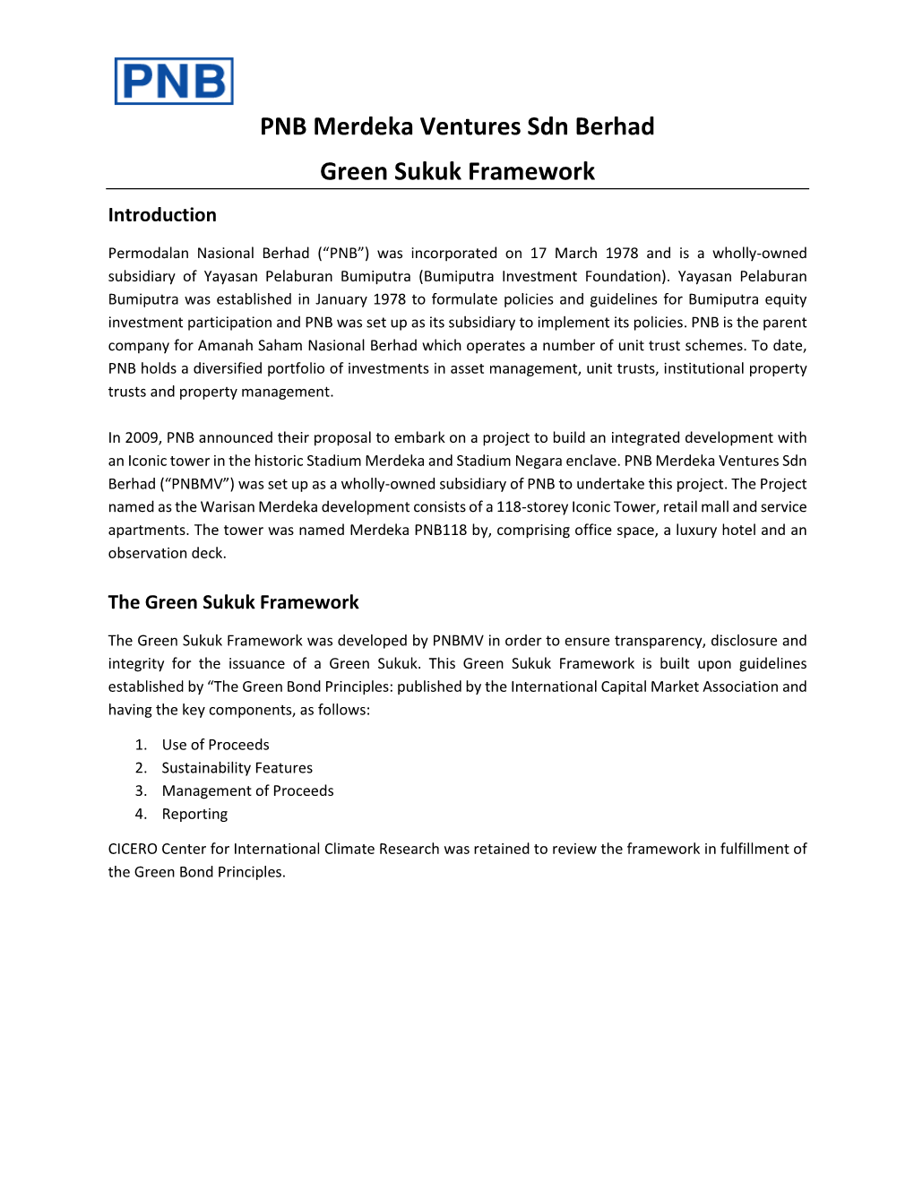 PNB Merdeka Ventures Sdn Berhad Green Sukuk Framework Introduction