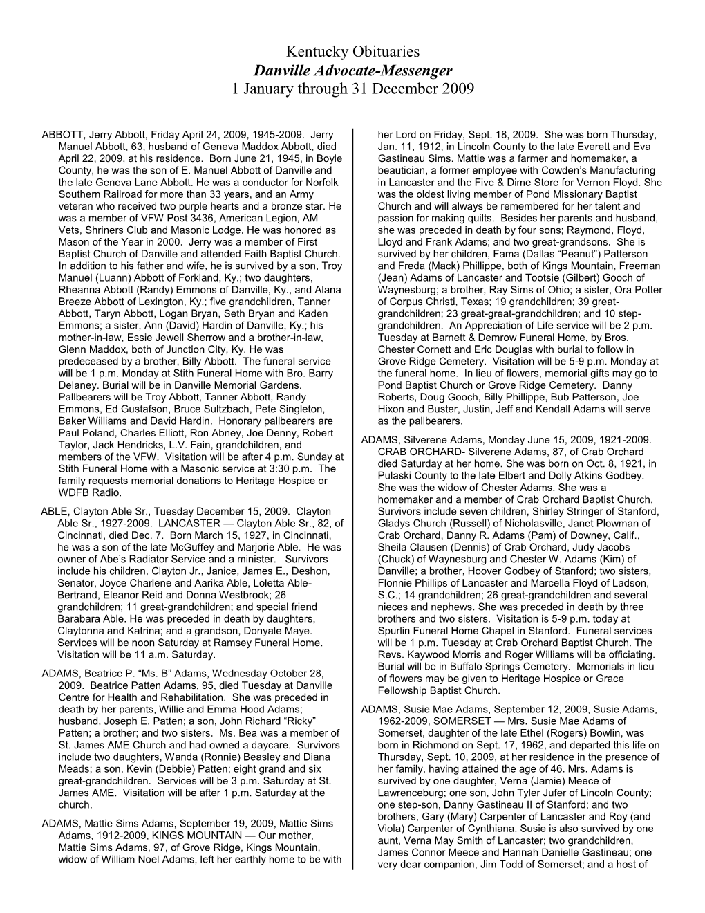 Kentucky Obituaries Danville Advocate-Messenger 1 January Through 31 December 2009