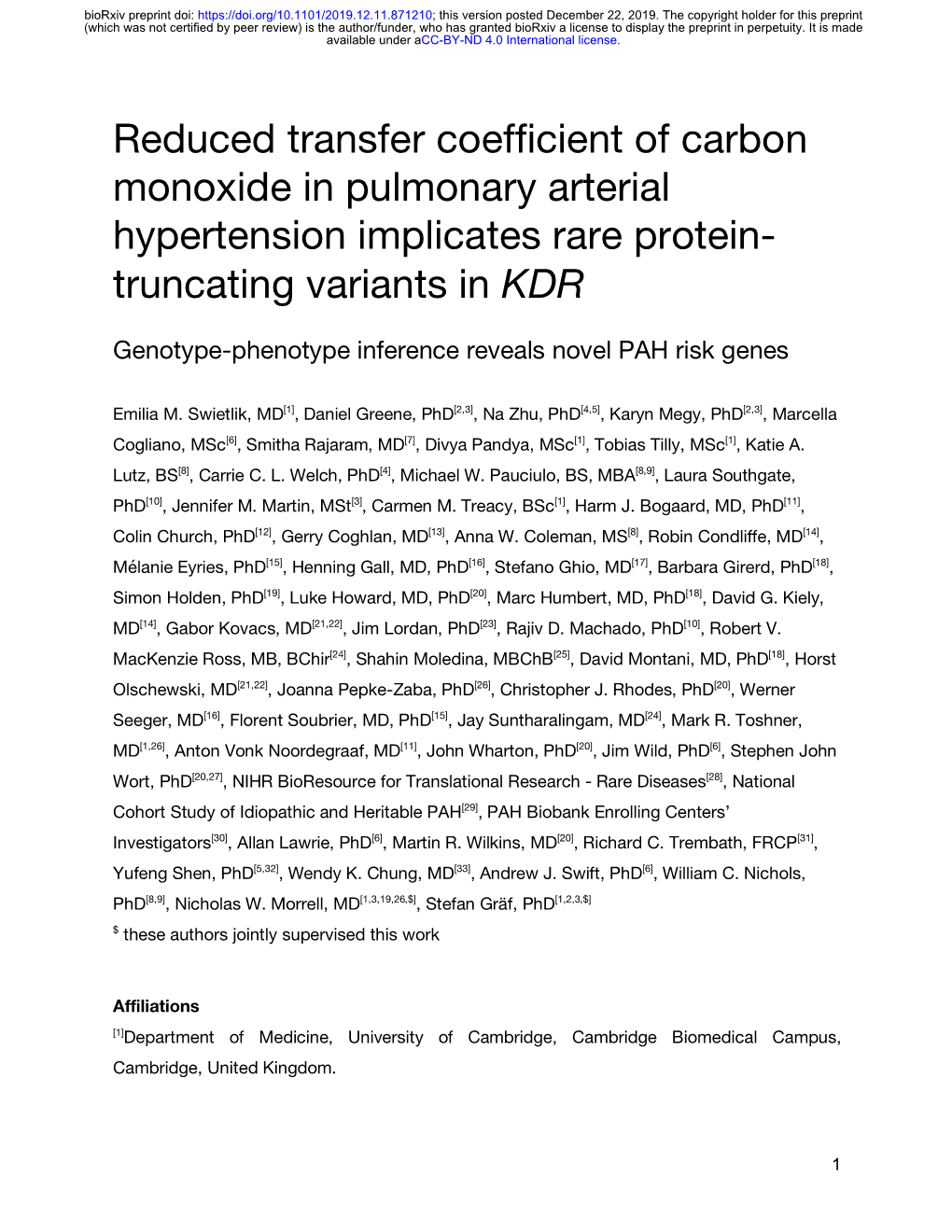 Reduced Transfer Coefficient of Carbon Monoxide in Pulmonary Arterial Hypertension Implicates Rare Protein-Truncating Variants I