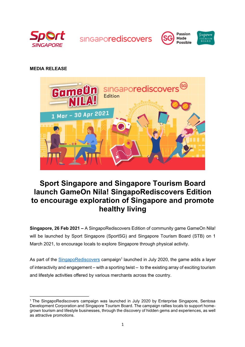 Sport Singapore and Singapore Tourism Board Launch Gameon Nila! Singaporediscovers Edition to Encourage Exploration of Singapore and Promote Healthy Living