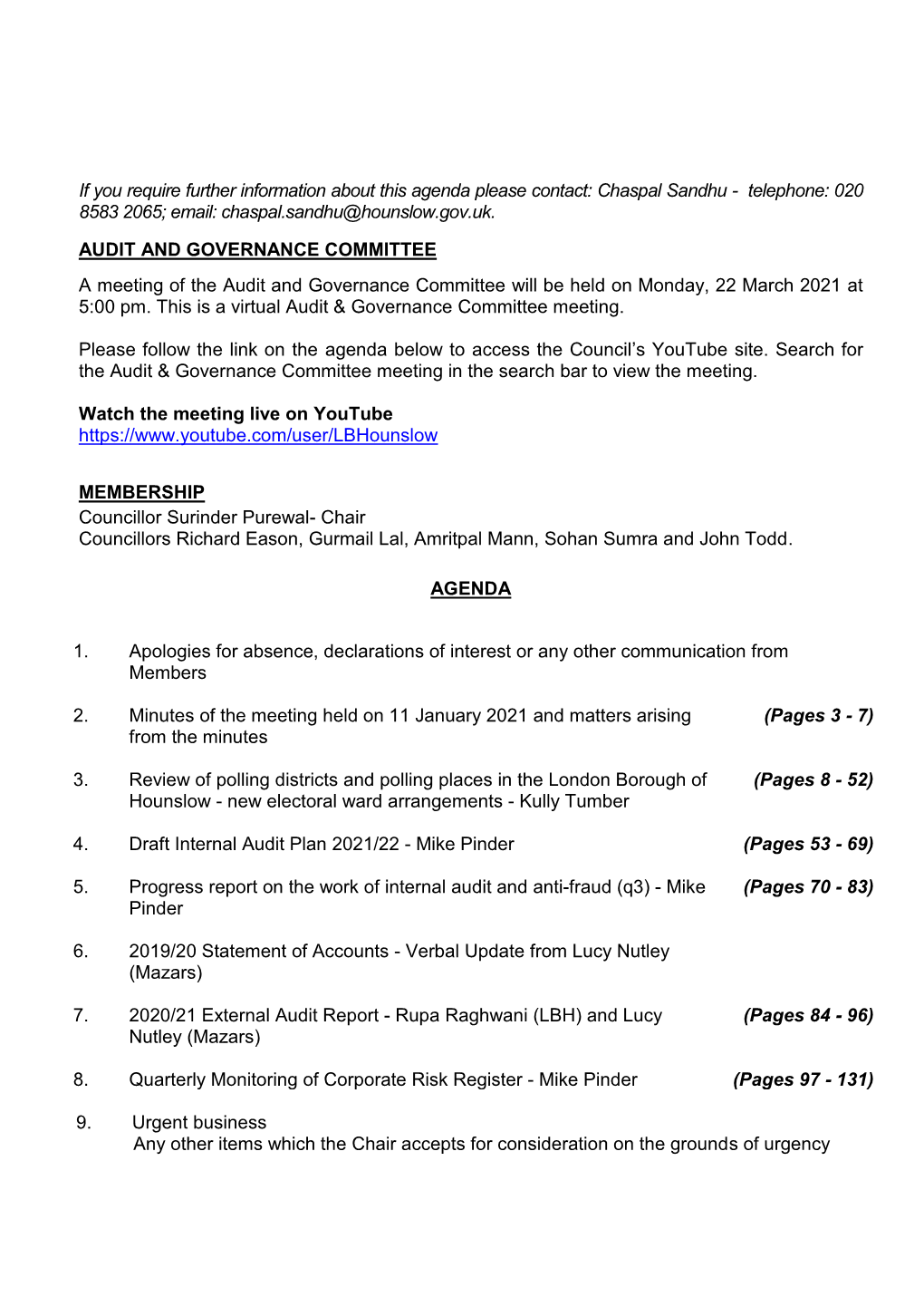 (Public Pack)Agenda Document for Audit and Governance Committee