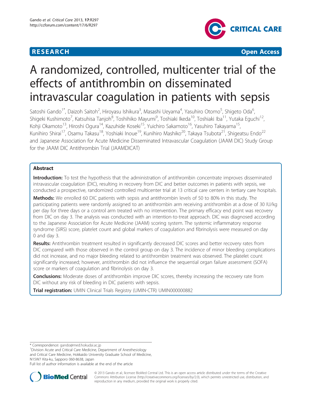 A Randomized, Controlled, Multicenter Trial of the Effects of Antithrombin On