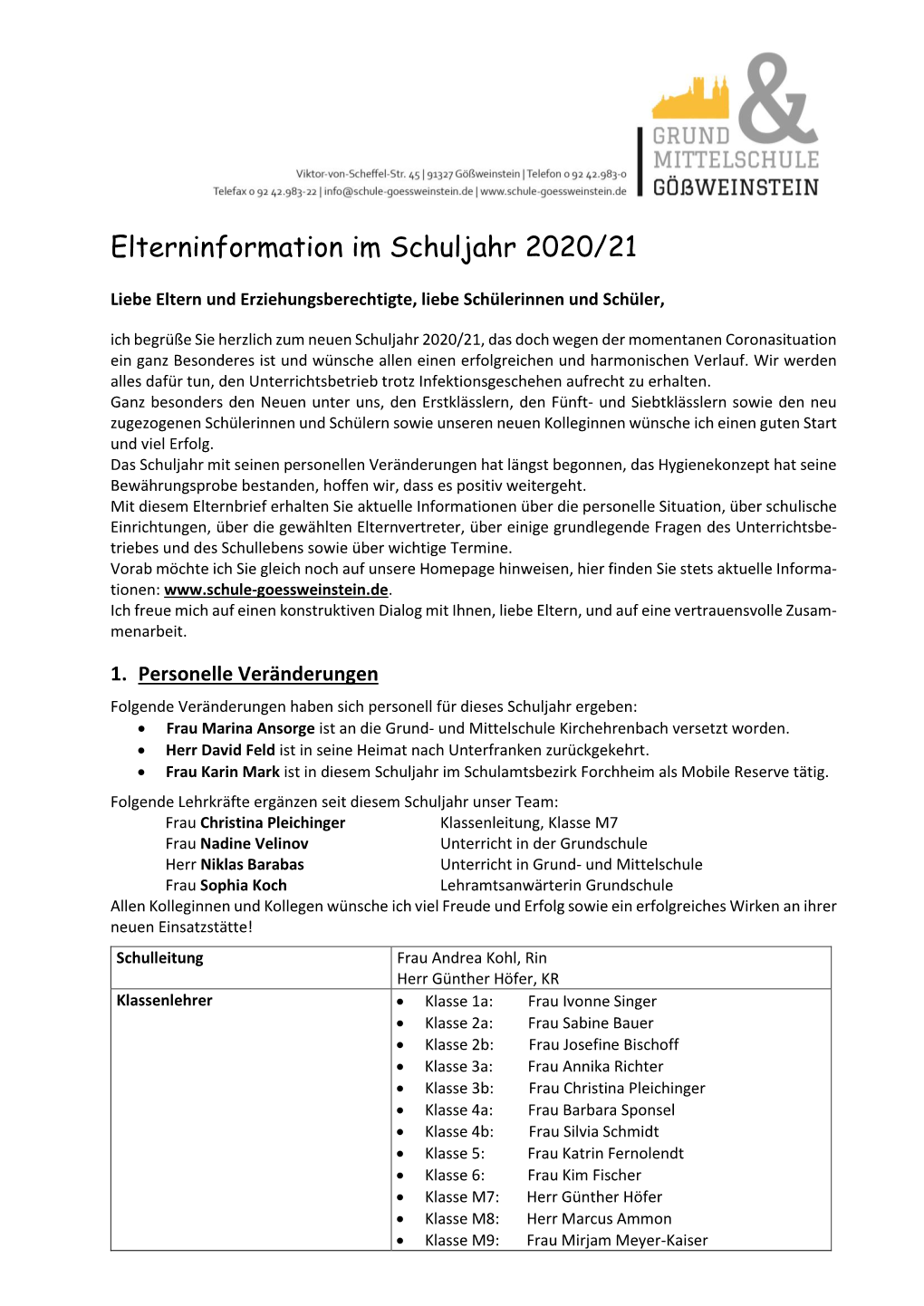 Elterninformation Im Schuljahr 2020/21