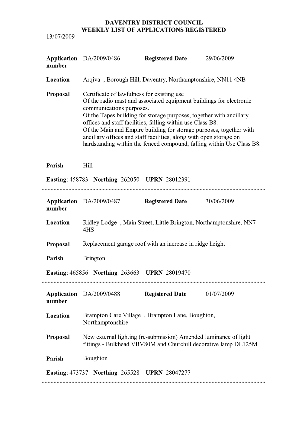 Daventry District Council Weekly List of Applications Registered 13/07/2009