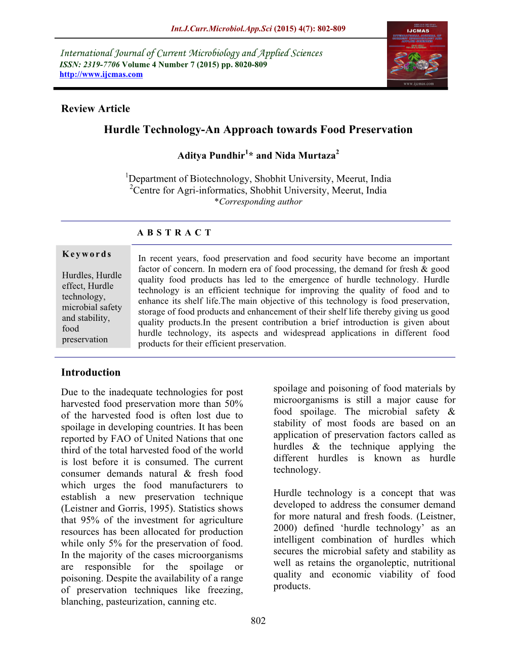 Hurdle Technology-An Approach Towards Food Preservation