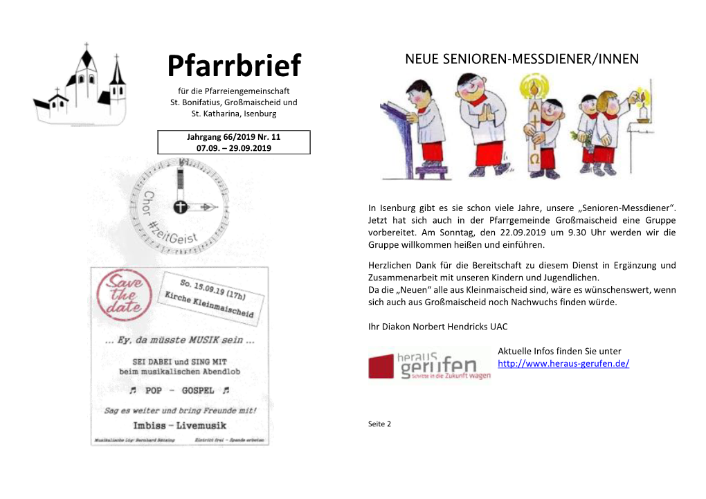 Pfarrbrief NEUE SENIOREN-MESSDIENER/INNEN Für Die Pfarreiengemeinschaft St