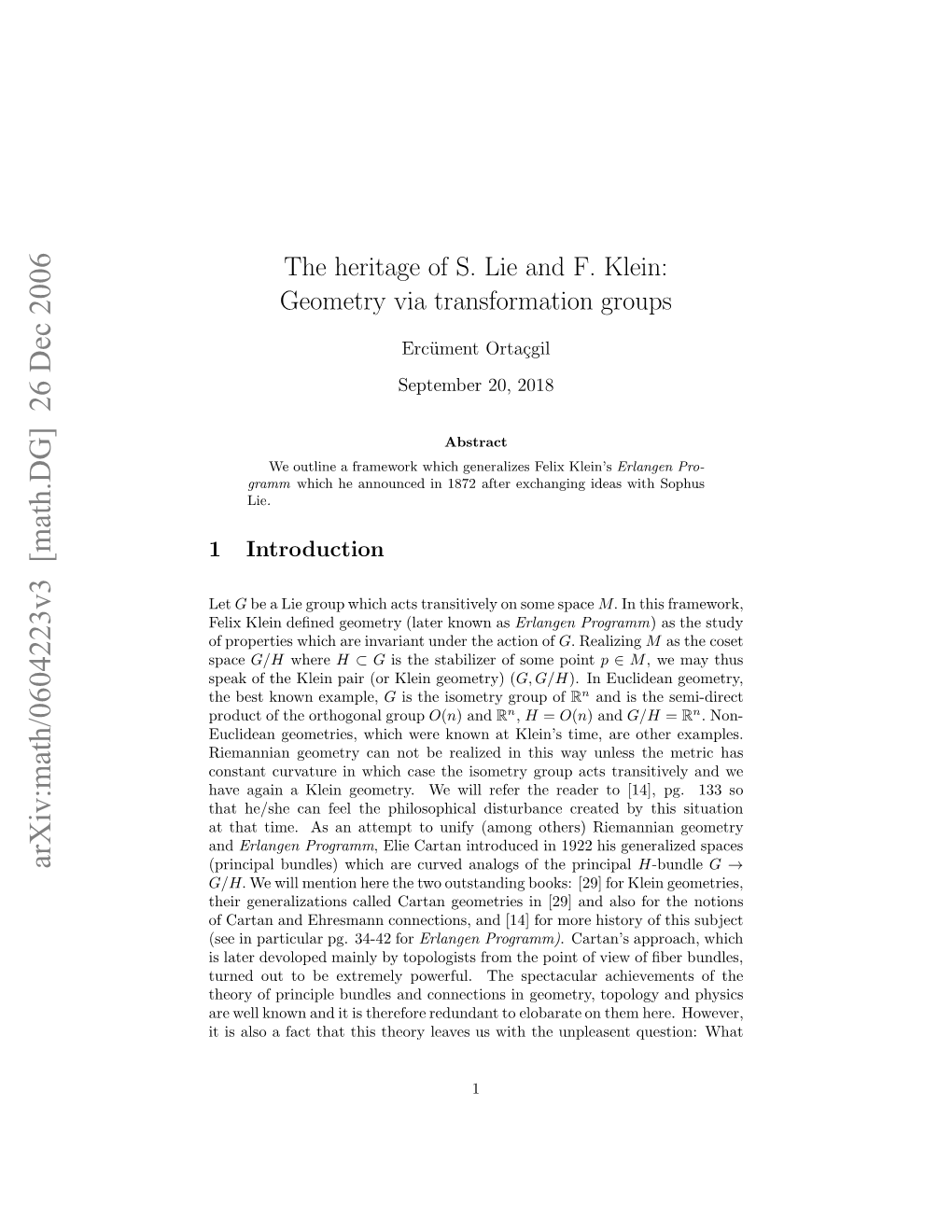 The Heritage of S. Lie and F. Klein: Geometry Via Transformation Groups