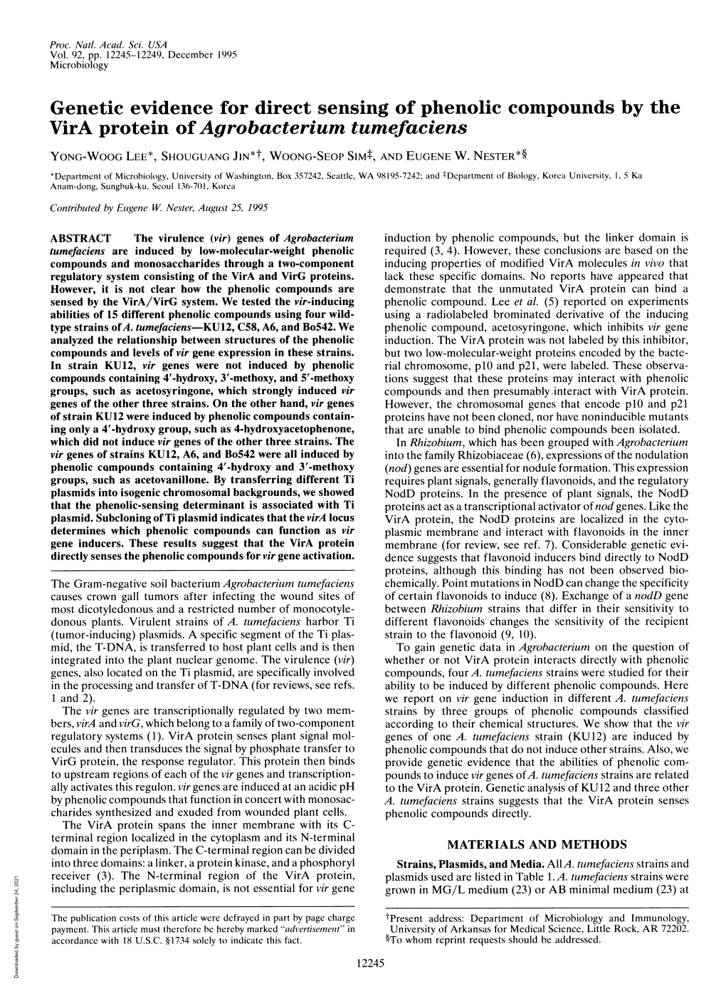 Genetic Evidence for Direct Sensing of Phenolic Compounds by the Vira Protein Ofagrobacterium Tumefaciens