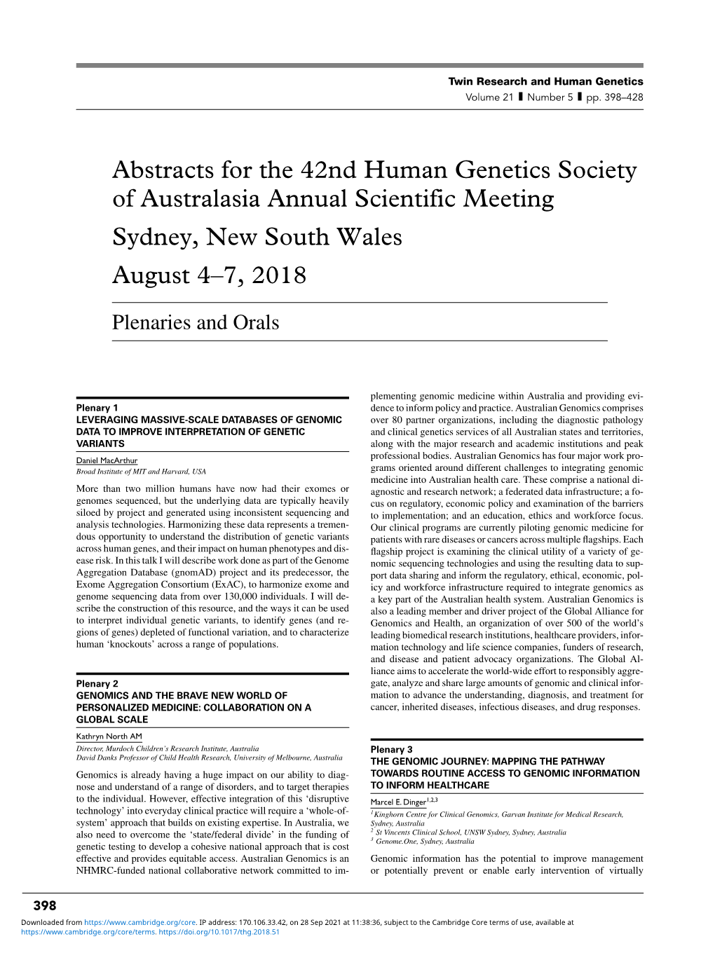 Abstracts for the 42Nd Human Genetics Society of Australasia Annual Scientific Meeting Sydney, New South Wales August 4–7, 2018