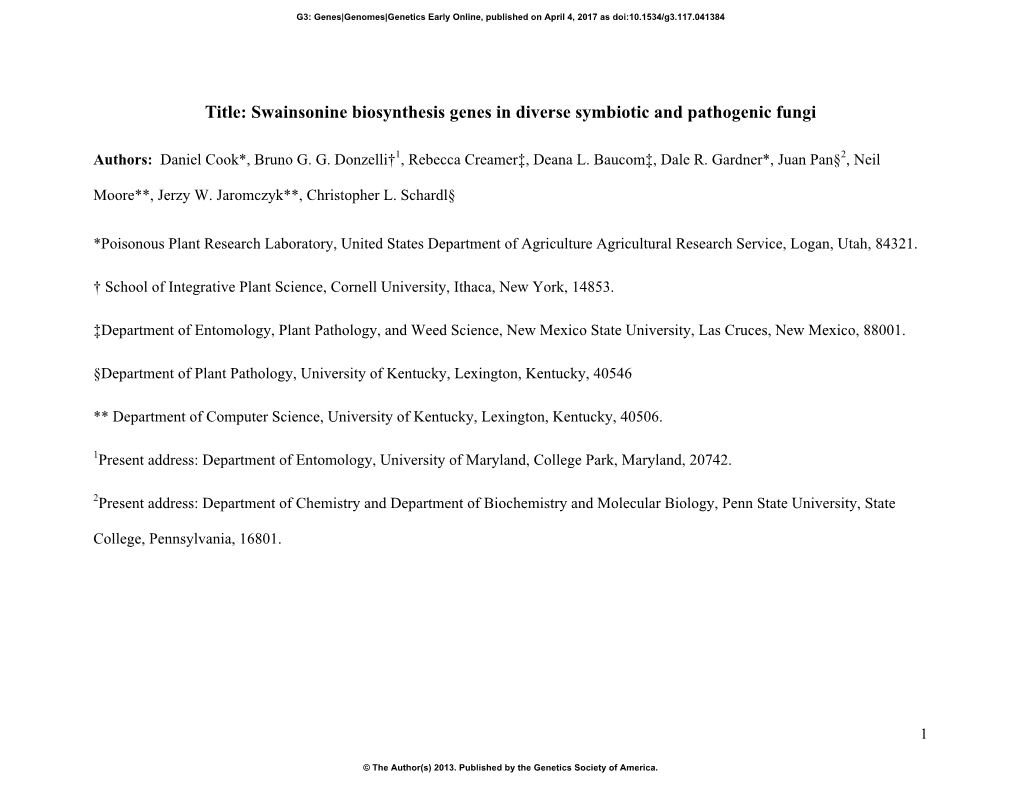 Swainsonine Biosynthesis Genes in Diverse Symbiotic and Pathogenic Fungi
