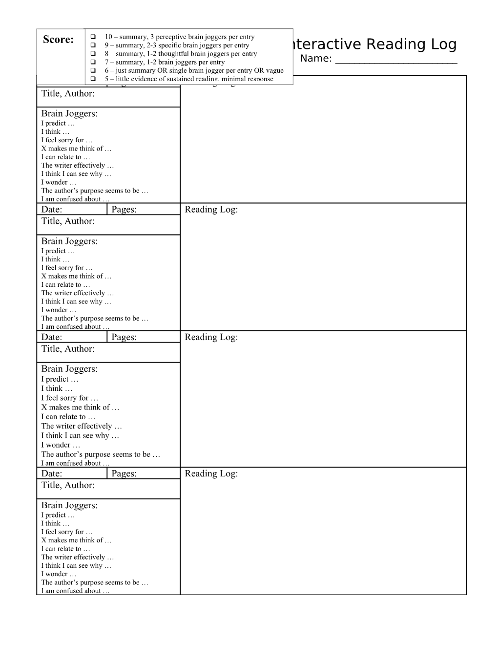 Interactive Reading Log