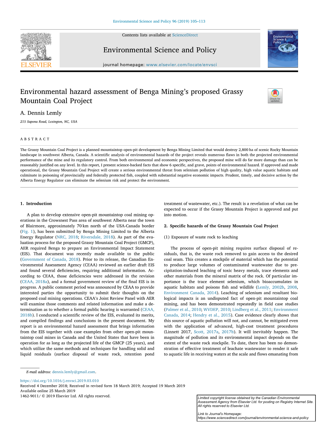 Environmental Hazard Assessment of Benga Mining's Proposed Grassy