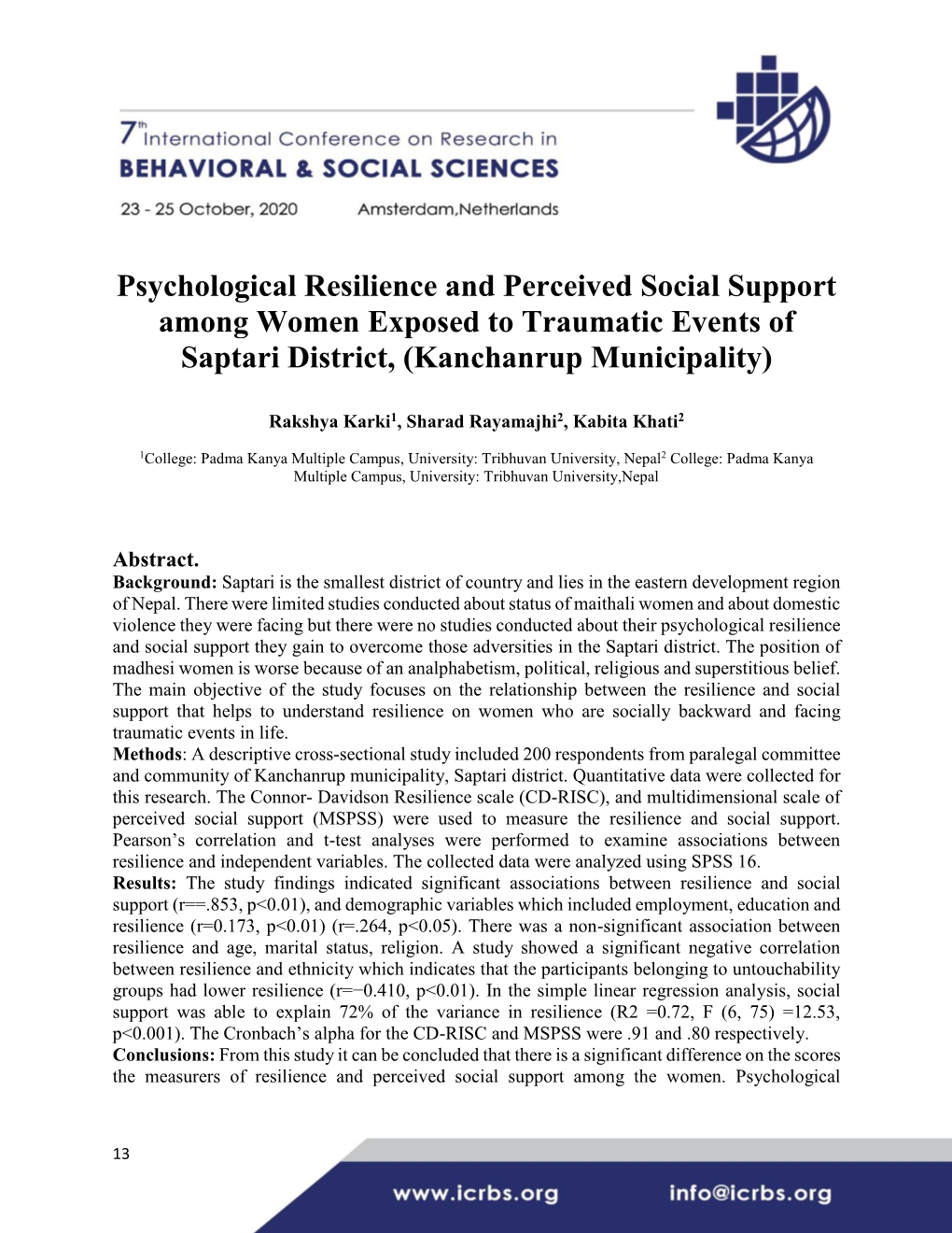 Psychological Resilience and Perceived Social Support Among Women Exposed to Traumatic Events of Saptari District, (Kanchanrup Municipality)