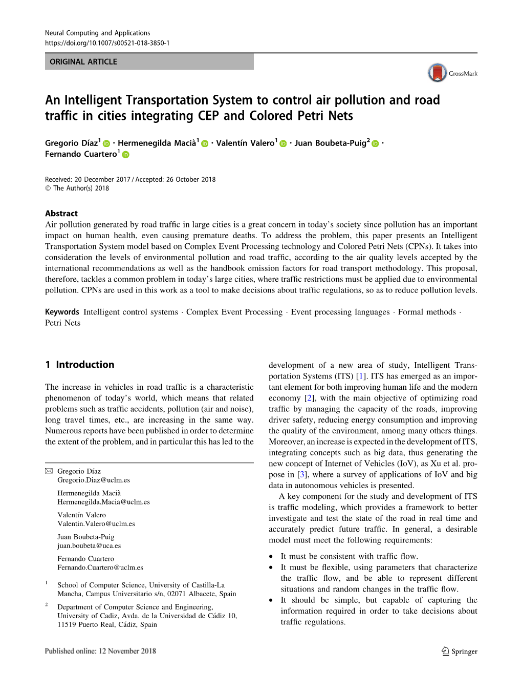 An Intelligent Transportation System to Control Air Pollution and Road Traffic in Cities Integrating CEP and Colored Petri Nets