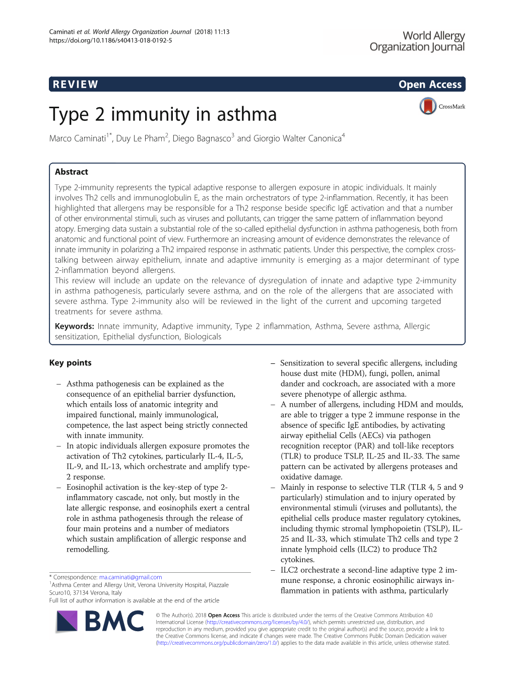 Type 2 Immunity in Asthma Marco Caminati1*, Duy Le Pham2, Diego Bagnasco3 and Giorgio Walter Canonica4