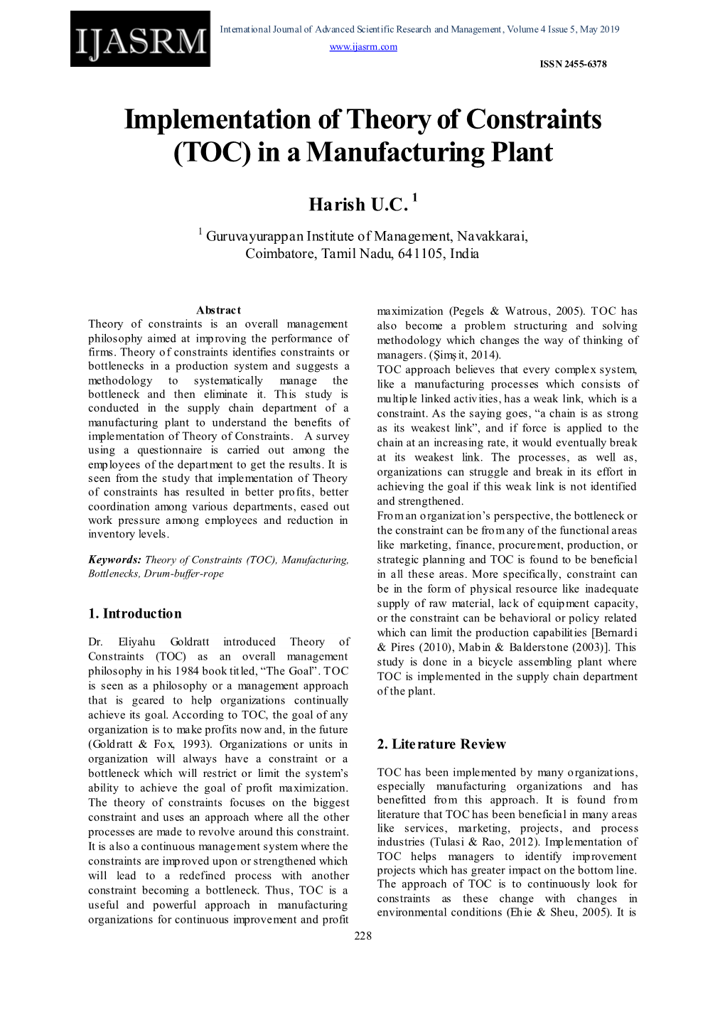 Implementation of Theory of Constraints (TOC) in a Manufacturing Plant