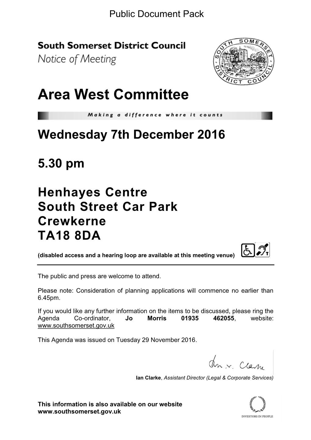 (Public Pack)Agenda Document for Area West Committee, 07/12/2016