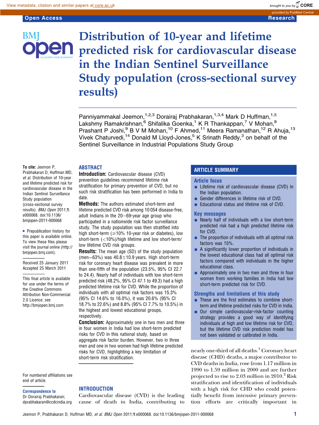 Distribution of 10-Year and Lifetime Predicted Risk for Cardiovascular Disease in the Indian Sentinel Surveillance Study Population (Cross-Sectional Survey Results)