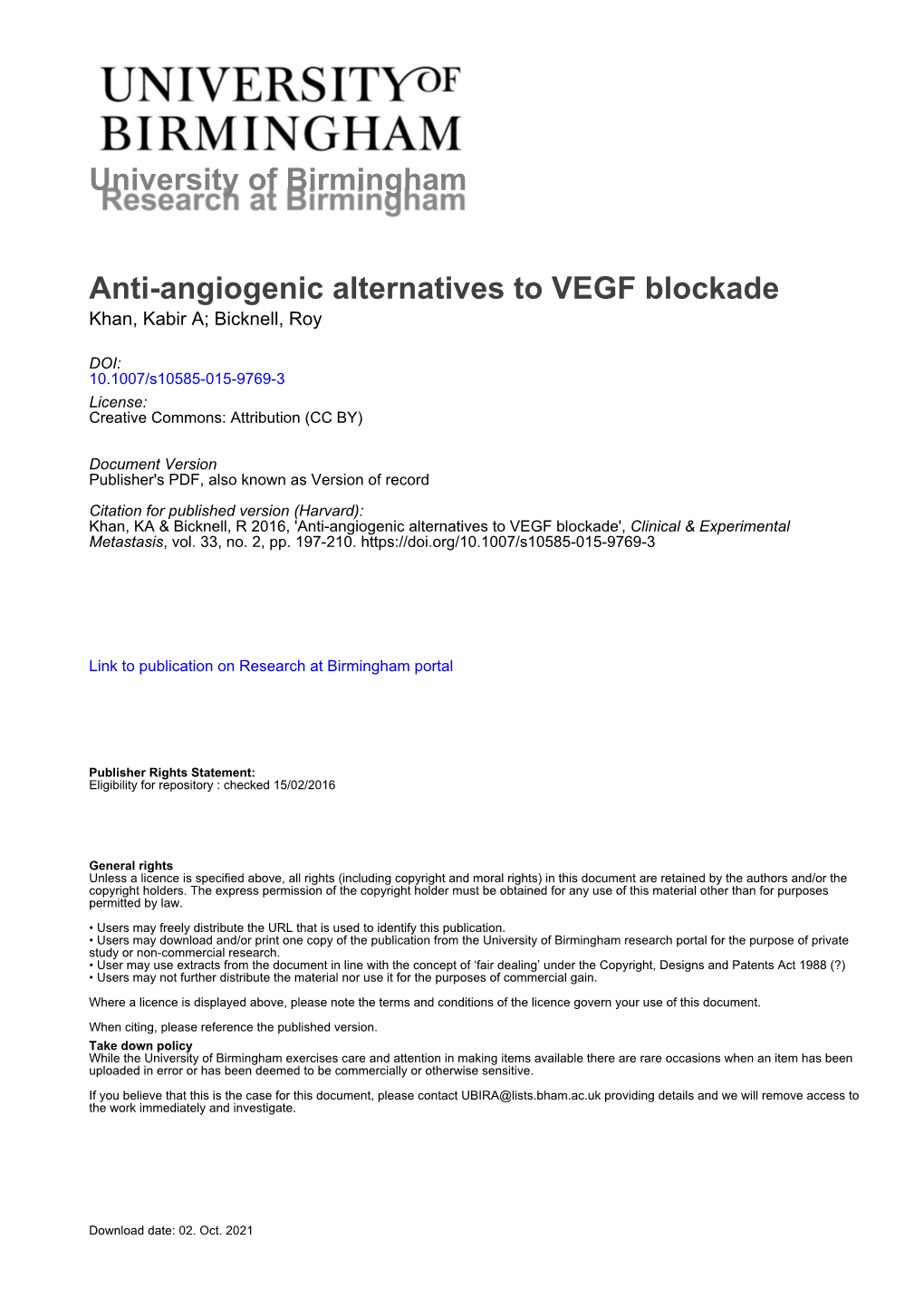 Anti-Angiogenic Alternatives to VEGF Blockade Khan, Kabir A; Bicknell, Roy