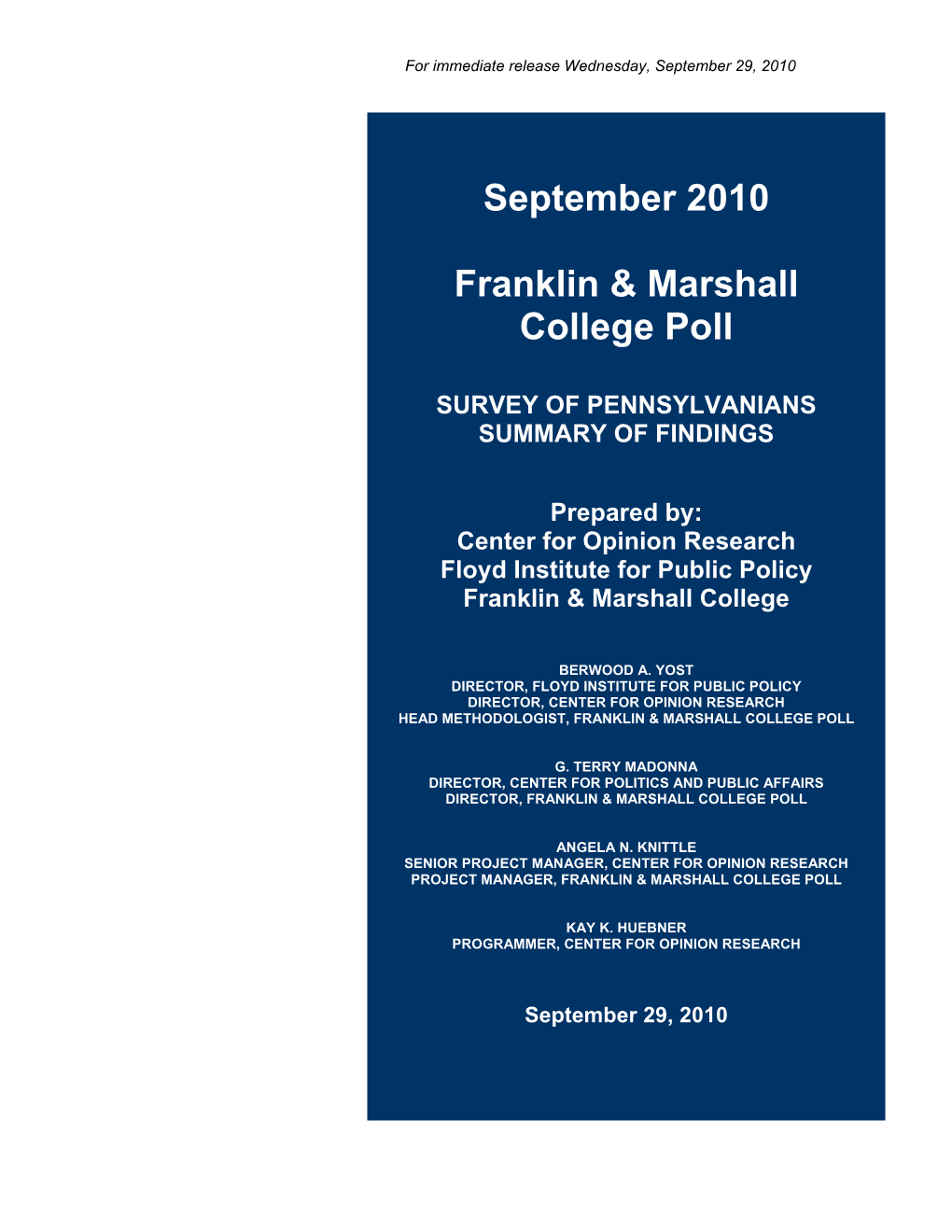 September 2010 Franklin & Marshall College Poll