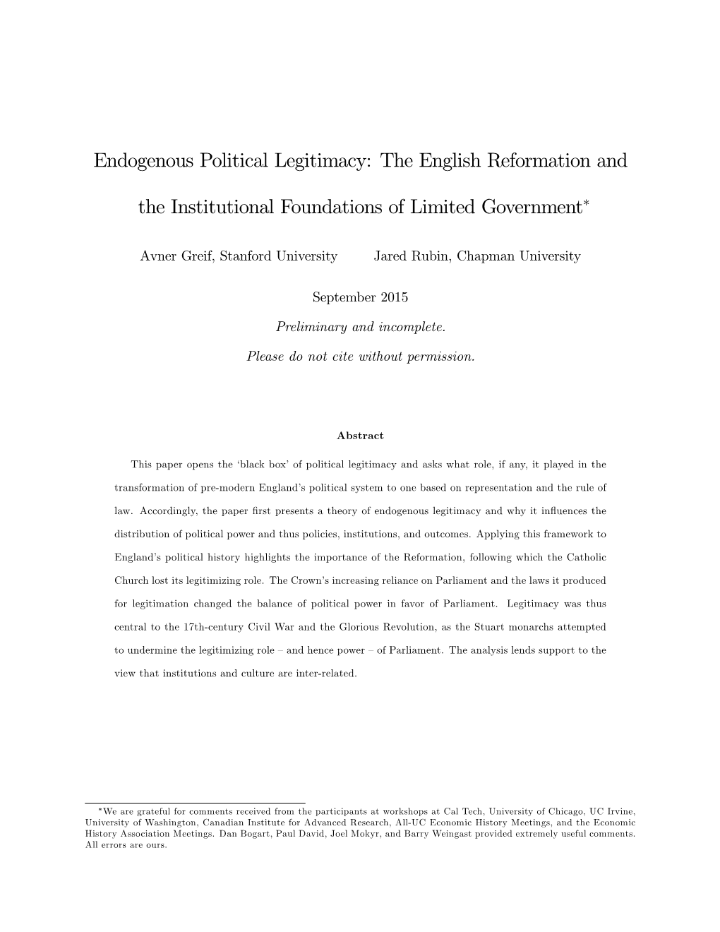 Endogenous Political Legitimacy: the English Reformation And