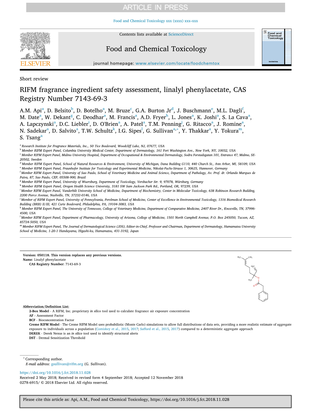 RIFM Fragrance Ingredient Safety Assessment, Linalyl Phenylacetate, CAS Registry Number 7143-69-3 A.M