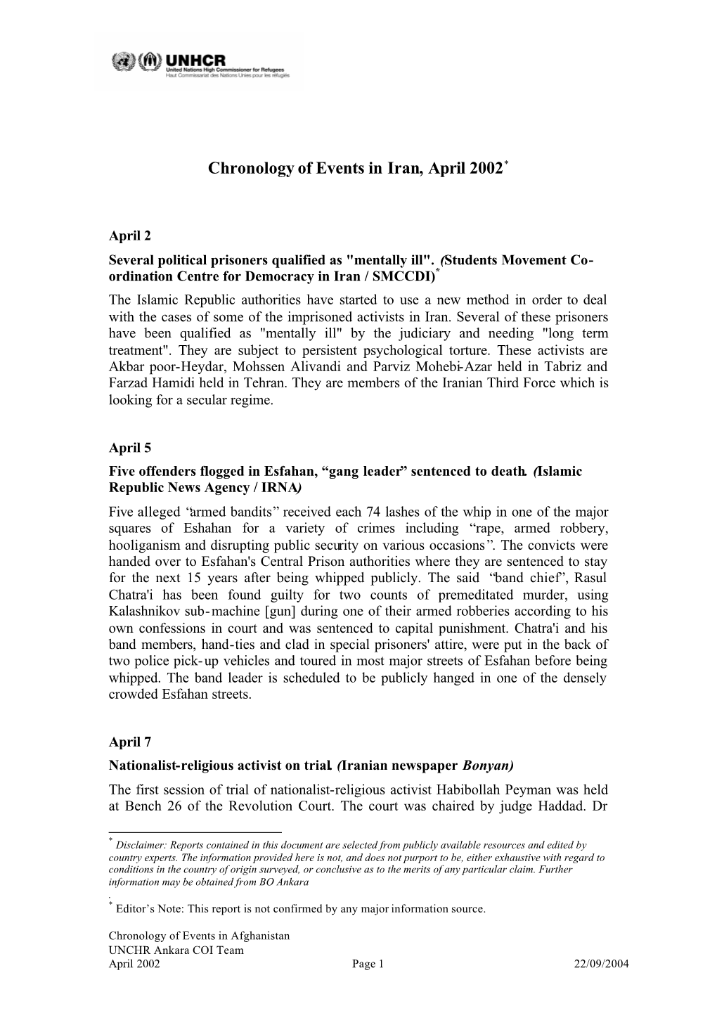 Chronology of Events in Iran, April 2002*