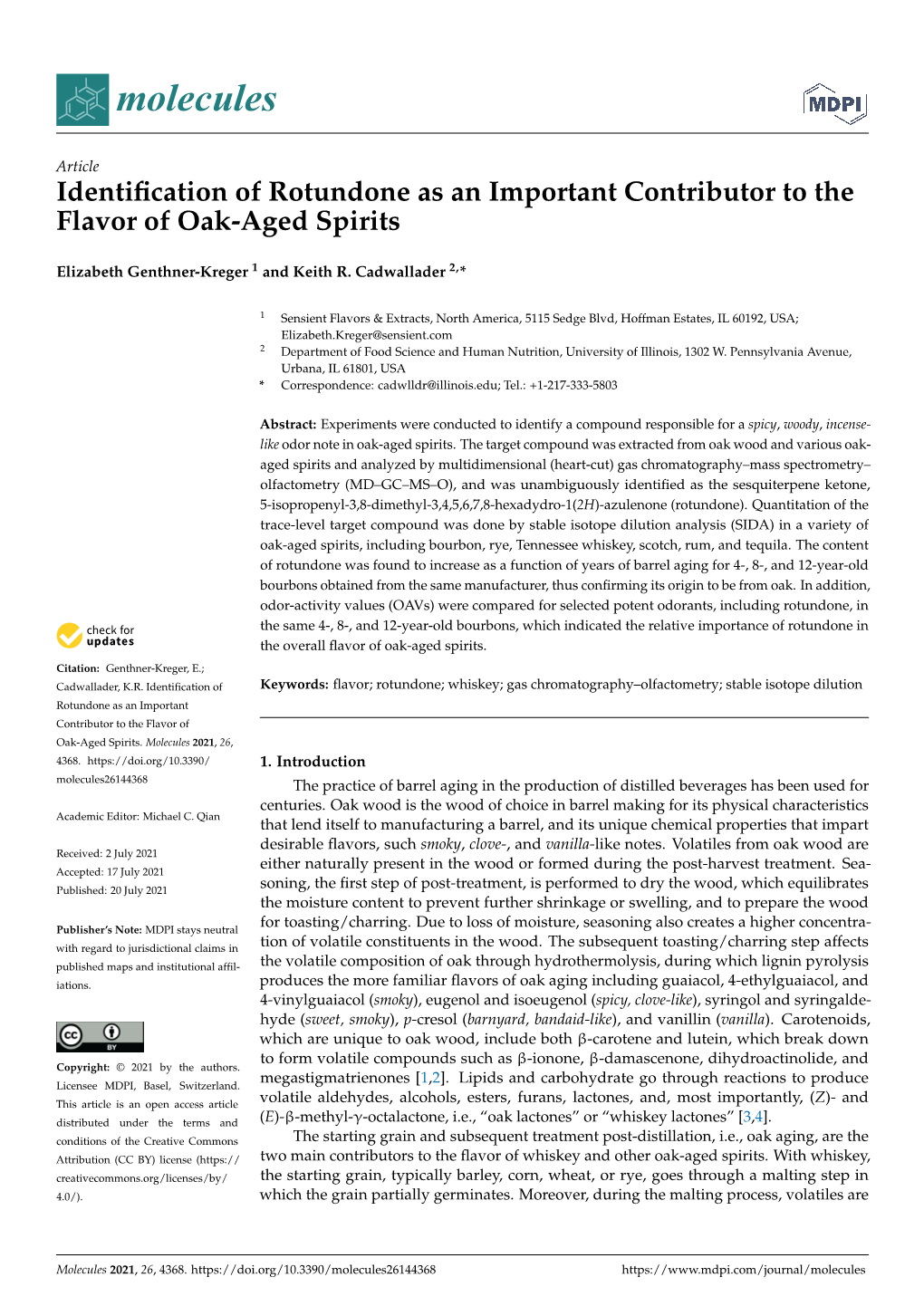Identification of Rotundone As an Important Contributor to the Flavor of Oak-Aged Spirits