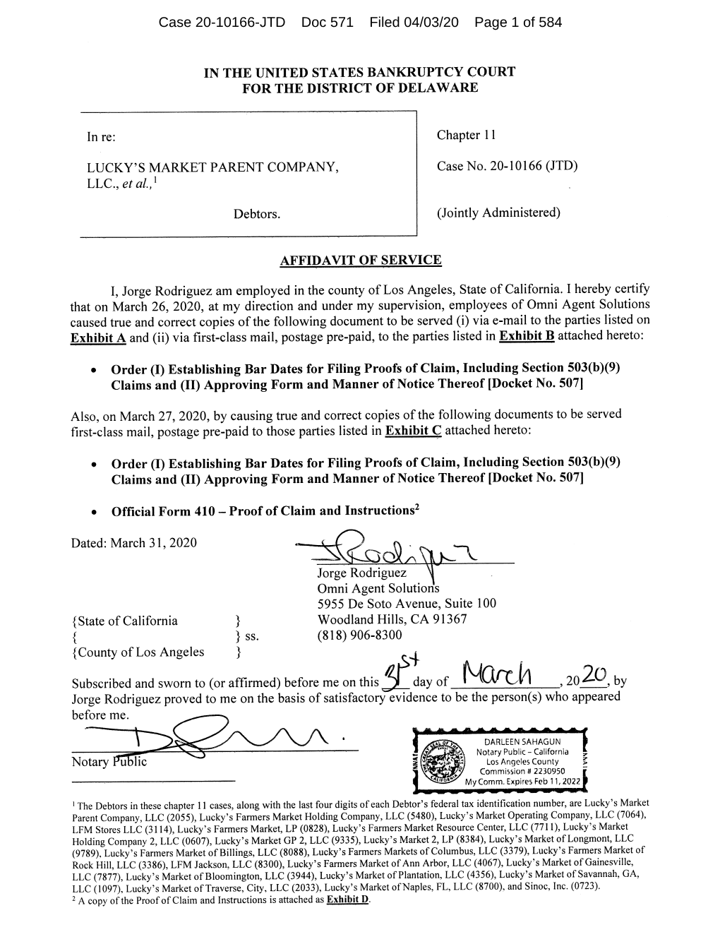 Case 20-10166-JTD Doc 571 Filed 04/03/20 Page 1 of 584 Case 20-10166-JTD Doc 571 Filed 04/03/20 Page 2 of 584