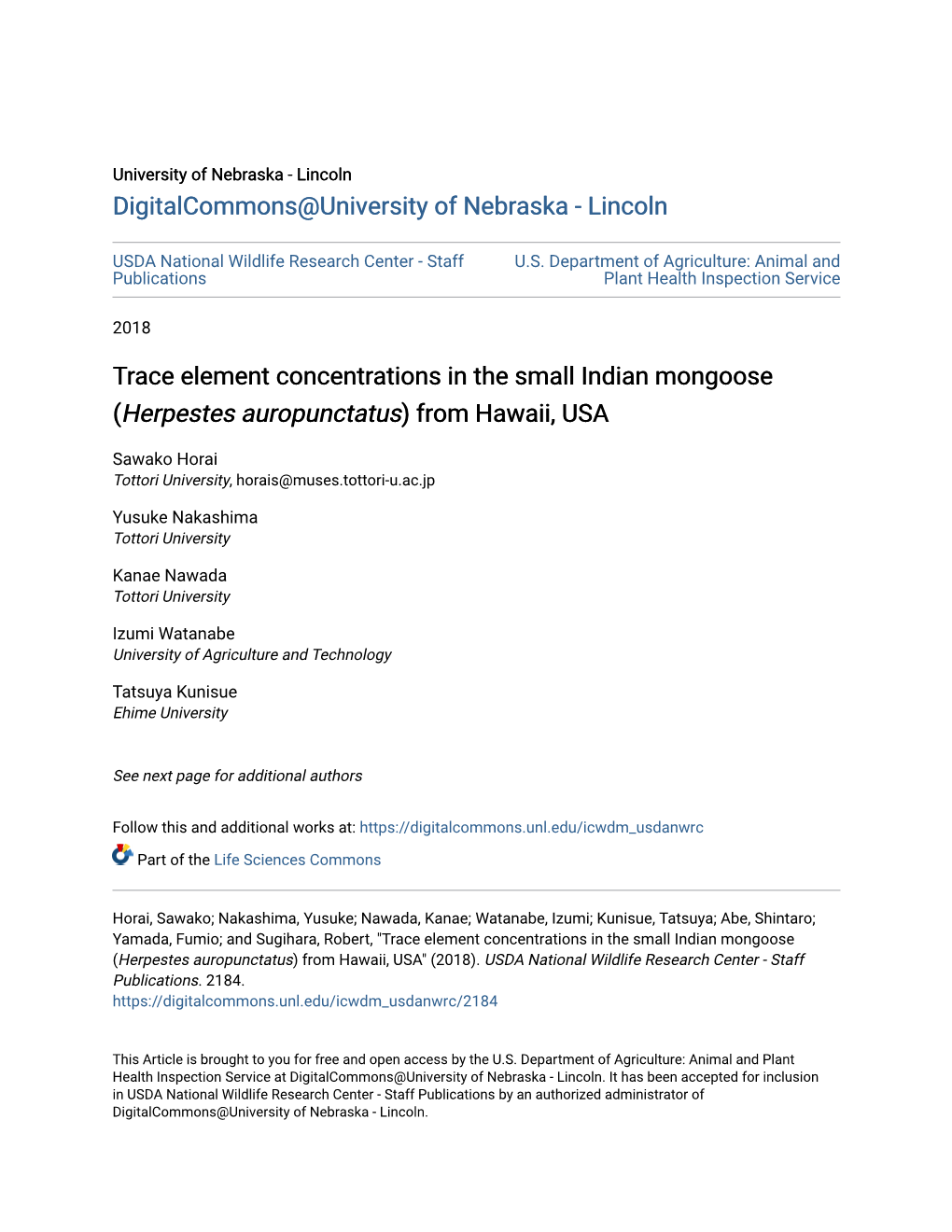 Trace Element Concentrations in the Small Indian Mongoose (&lt;I