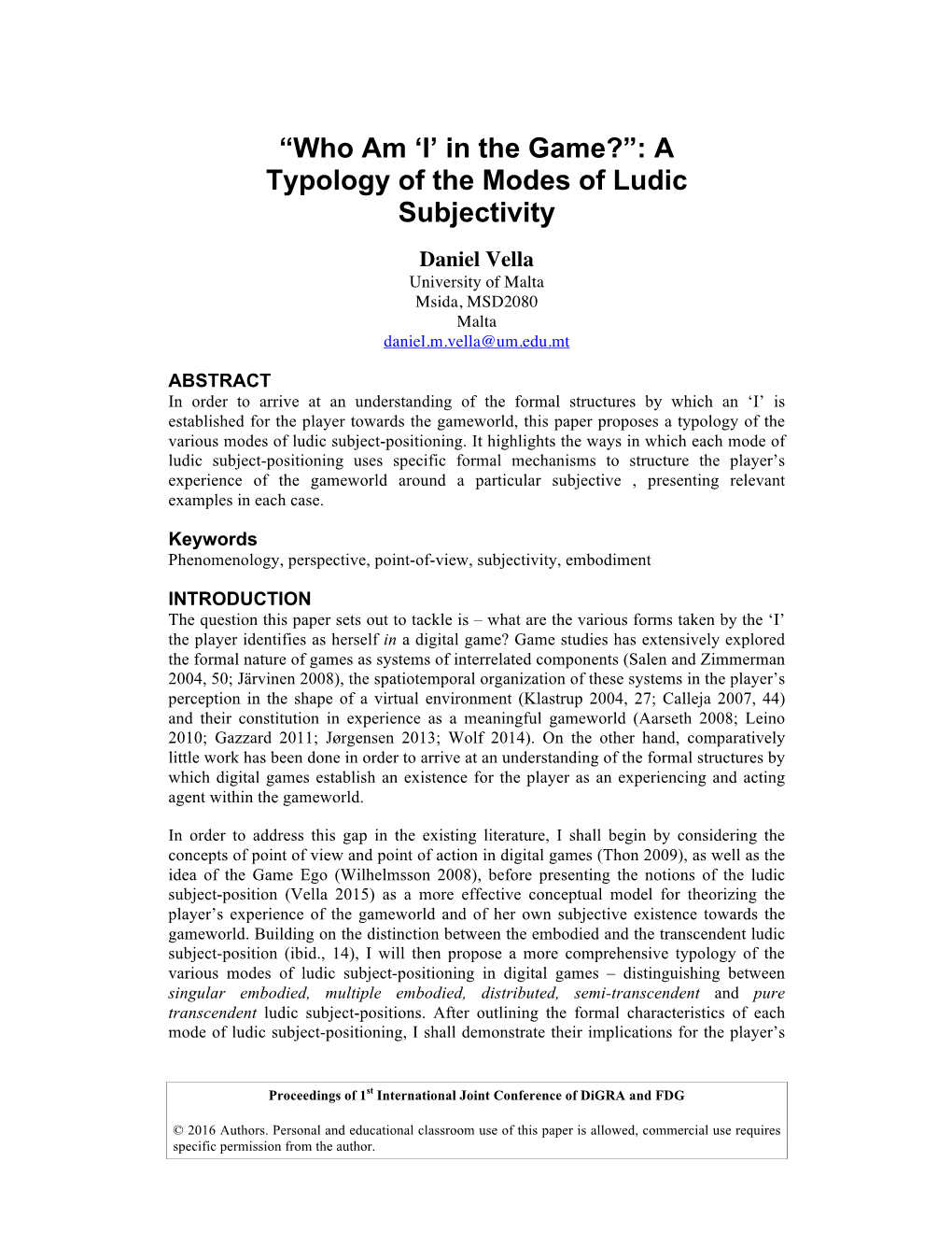 A Typology of the Modes of Ludic Subjectivity