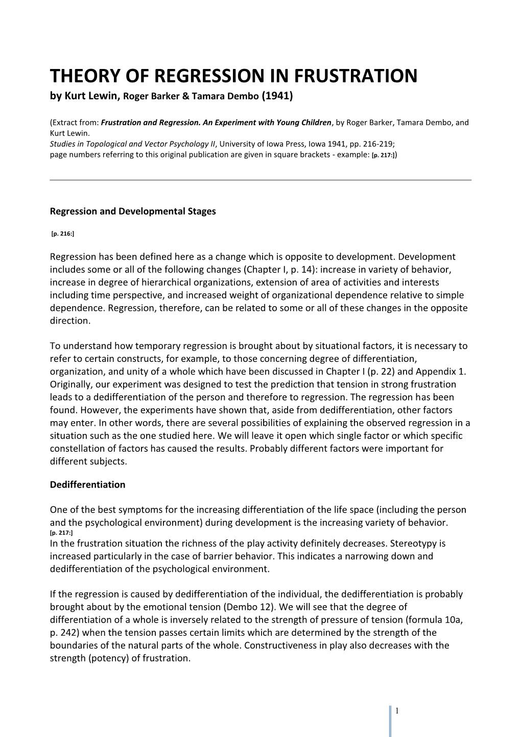 THEORY of REGRESSION in FRUSTRATION by Kurt Lewin, Roger Barker & Tamara Dembo (1941)