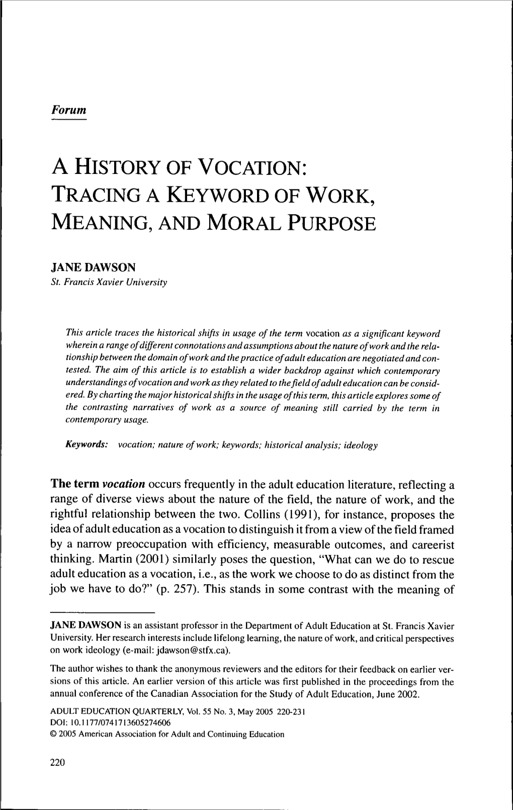 A History of Vocation: Tracing a Keyword of Work, Meaning, and Moral Purpose