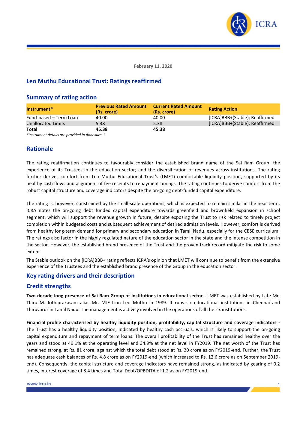 Leo Muthu Educational Trust: Ratings Reaffirmed