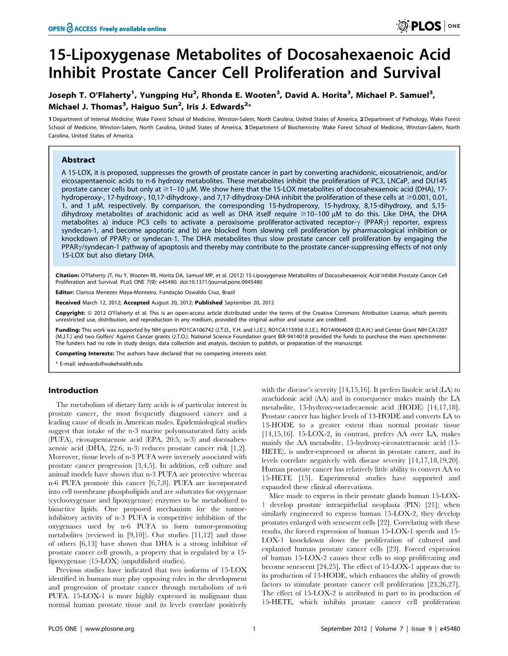 15-Lipoxygenase Metabolites of Docosahexaenoic Acid Inhibit Prostate Cancer Cell Proliferation and Survival