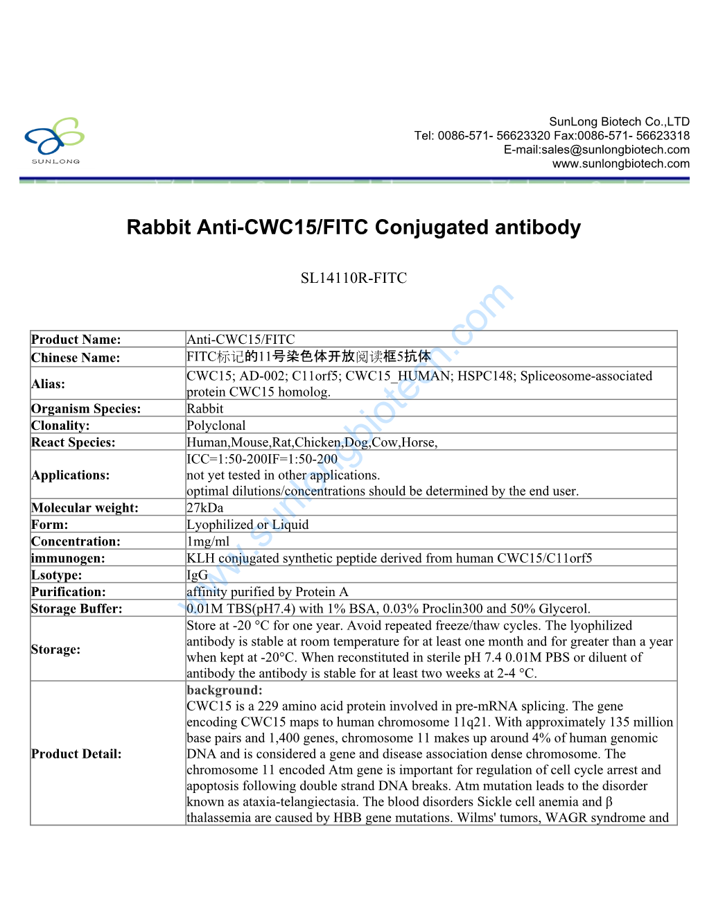 Rabbit Anti-CWC15/FITC Conjugated Antibody-SL14110R-FITC