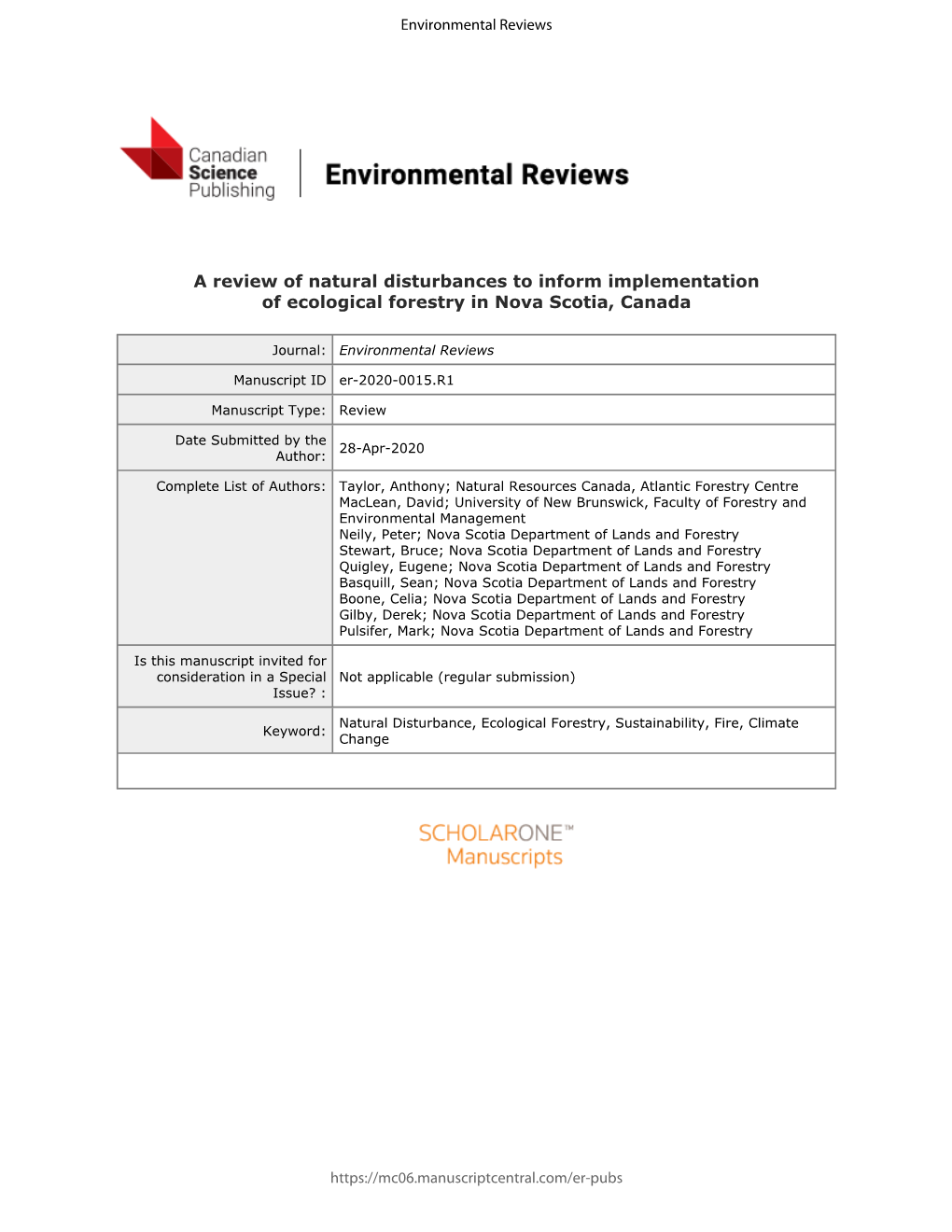 A Review of Natural Disturbances to Inform Implementation of Ecological Forestry in Nova Scotia, Canada